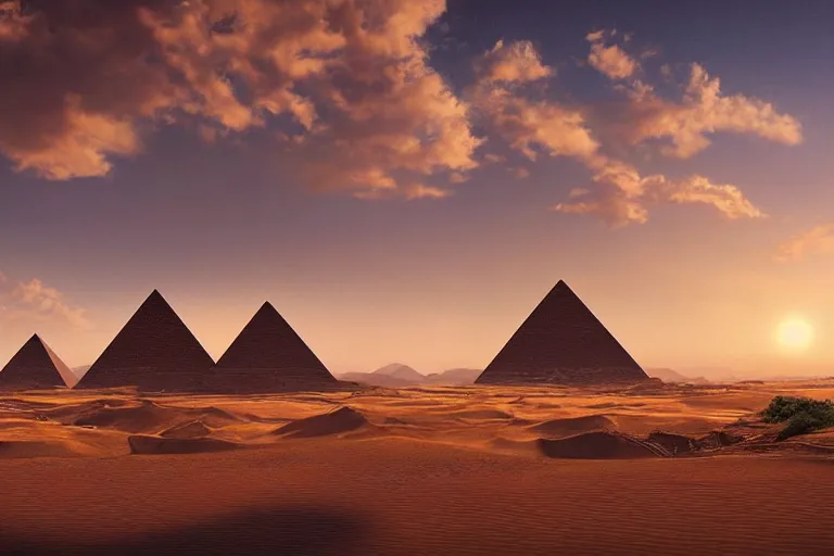 Image similar to beautiful digital painting of an oasis in a large desert landscape, with ancient pyramids and some clouds on the horizon, by lee madgwick and wlop, 8 k, cinematic lights, atmospheric effects in the background, octane render, artstation, summer color scheme