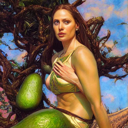 Image similar to the goddess of avocados, by donato giancola.