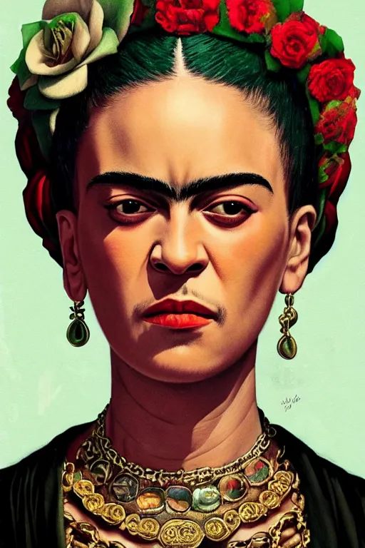 Prompt: rap album cover featuring frida kahlo wearing gangster thug outfit, staring directly into camera, intricate, elegant, dramatic lighting, highly detailed, digital painting, artstation, sharp focus, illustration, art by wlop, mars ravelo and greg rutkowski