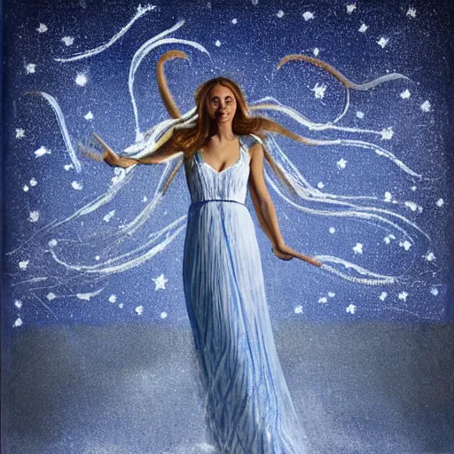 Image similar to loose, dynamic by matti suuronen. a conceptual art of a woman with wings made of stars, surrounded by a blue & white night sky. the woman is holding a staff in one hand, & a star in the other. she is wearing a billowing dress, & her hair is blowing in the wind.