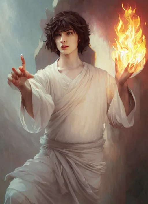 Image similar to character concept portrait of an attractive young Spanish wizard with white skin conjuring a fire spell, a floating iridescent spell book in the center, intricate, elegant, digital painting, concept art, smooth, sharp focus, illustration, from Metal Gear, by Ruan Jia and Mandy Jurgens and William-Adolphe Bouguereau, Artgerm