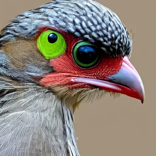 Image similar to extremely detailed cartoon bird looking directly into camera