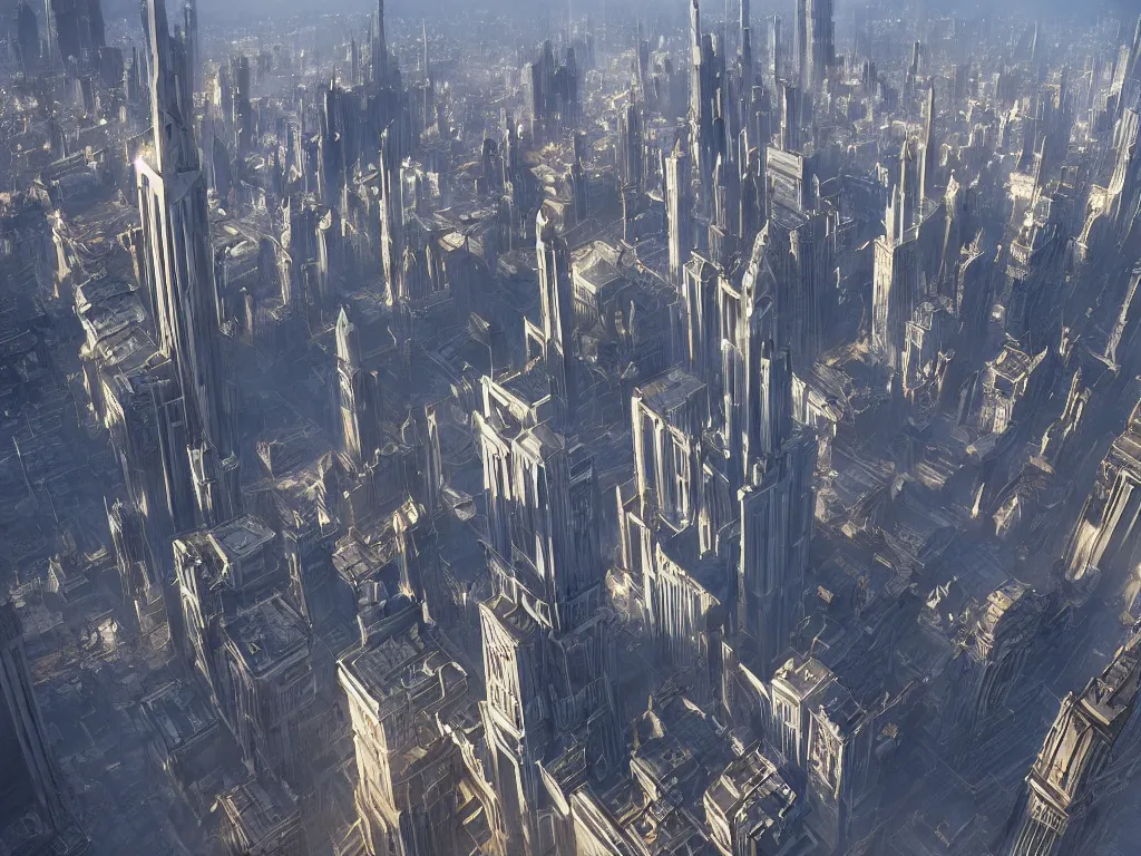 Prompt: big empty city with six extremely tall spiking towers, by artgerm and greg rutkowski and alphonse mucha, global illumination, hyperrealistic, volumetric lighting, epic cinematic shot, perfectly defined features, ambient occlusion