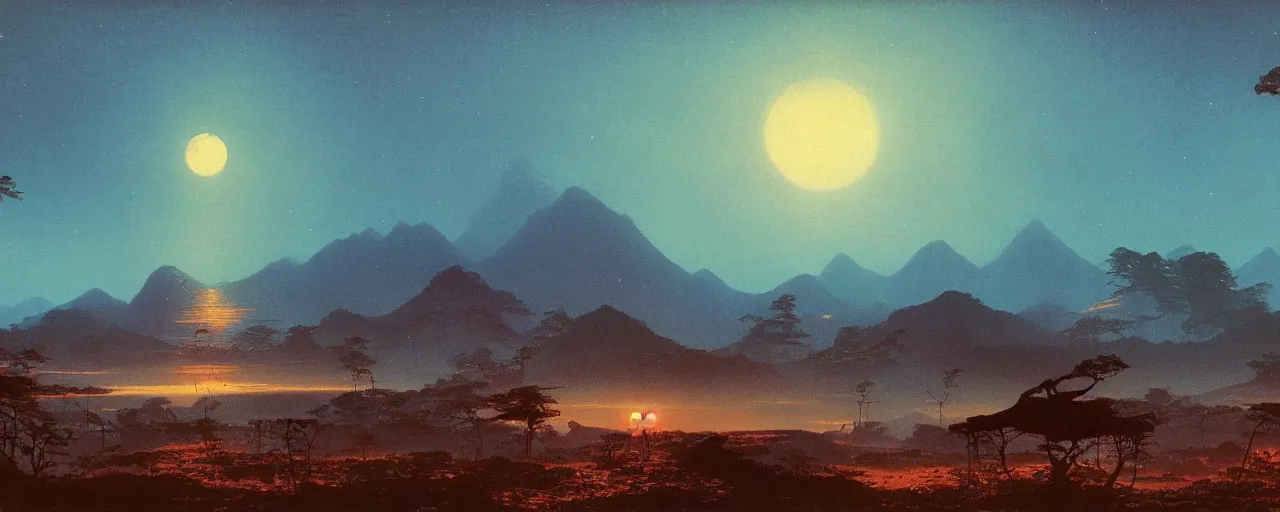 Image similar to awe inspiring bruce pennington landscape, digital art painting of 1 9 6 0 s, japan at night, 4 k, matte, warm, old, air perspective