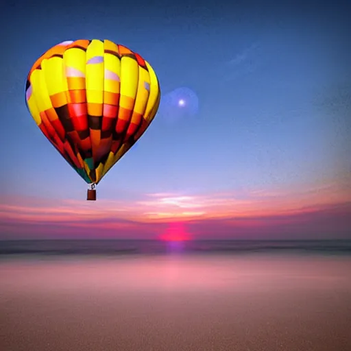 Prompt: a hot air balloon floats over a beach at violet sunset, whimsical art style