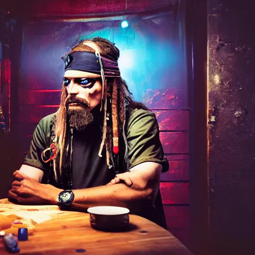 Image similar to a high quality portrait of a gritty pirate in a cyberpunk cyberpunk cyberpunk cafe, realism, 8k, award winning photo