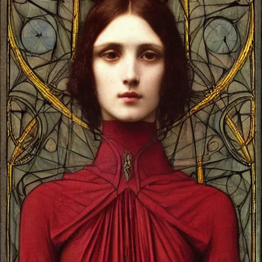 Prompt: Symmetric Pre-Raphaelite painting of a beautiful mystic woman with dark hair in a very detailed silk dark red dress by John William Waterhouse, zoomed out, surrounded by a dark gothic frame of highly detailed mathematical drawings of neural networks and geometry by Doré , highly detailed mathematical drawings of geometry by Giger