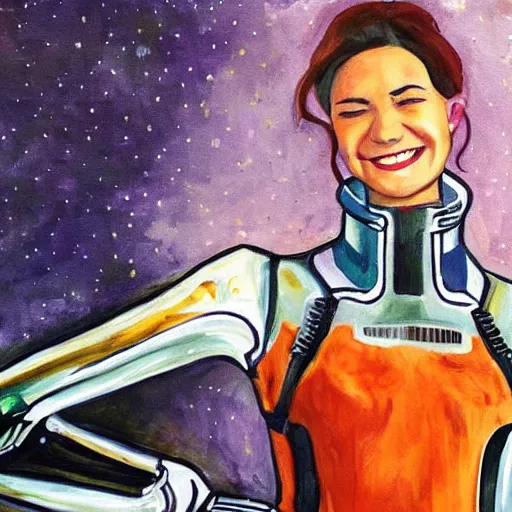 Image similar to A woman is happy because she is wearing a sci-fi suit designed for extreme comfort. Painting.