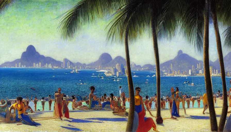 Prompt: a ultradetailed beautiful painting of the luxurious beautiful utopian futuristic rio de janeiro designed by jules bastien - lepage, tarsila do amaral, frank weston and gustave baumann, beach, trending on artstation, mediterranean, palm trees, sharp focus, colorful refracted sparkles and lines, soft light, 8 k 4 k