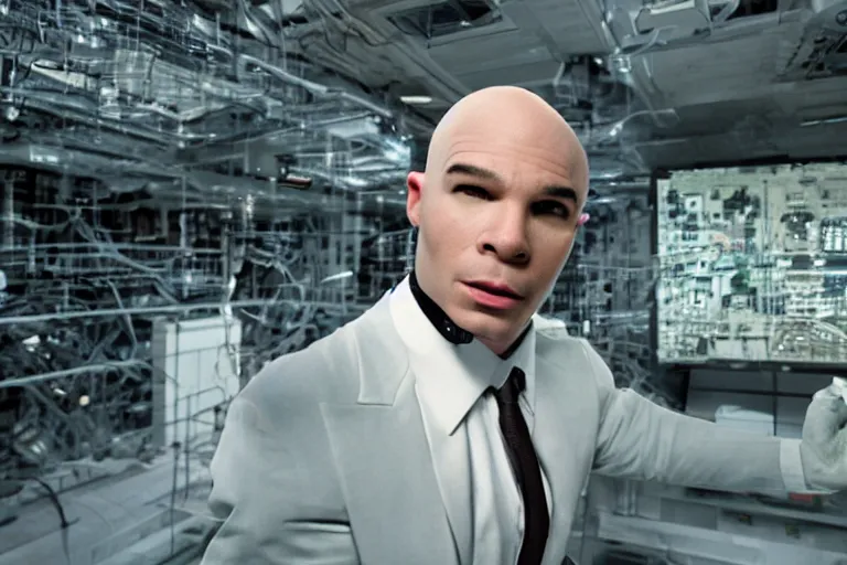 Prompt: cyborg - pitbull mr. worldwide in a marble server room, in 2 0 5 5, y 2 k cybercore, industrial low - light photography, still from a ridley scott movie