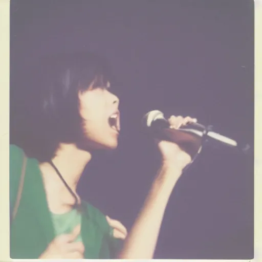 Prompt: polaroid photo of singer singing in an japan 1 9 8 0 pop concert, focus on the stage, photo by louise dahl - wolfe, color photo, colored