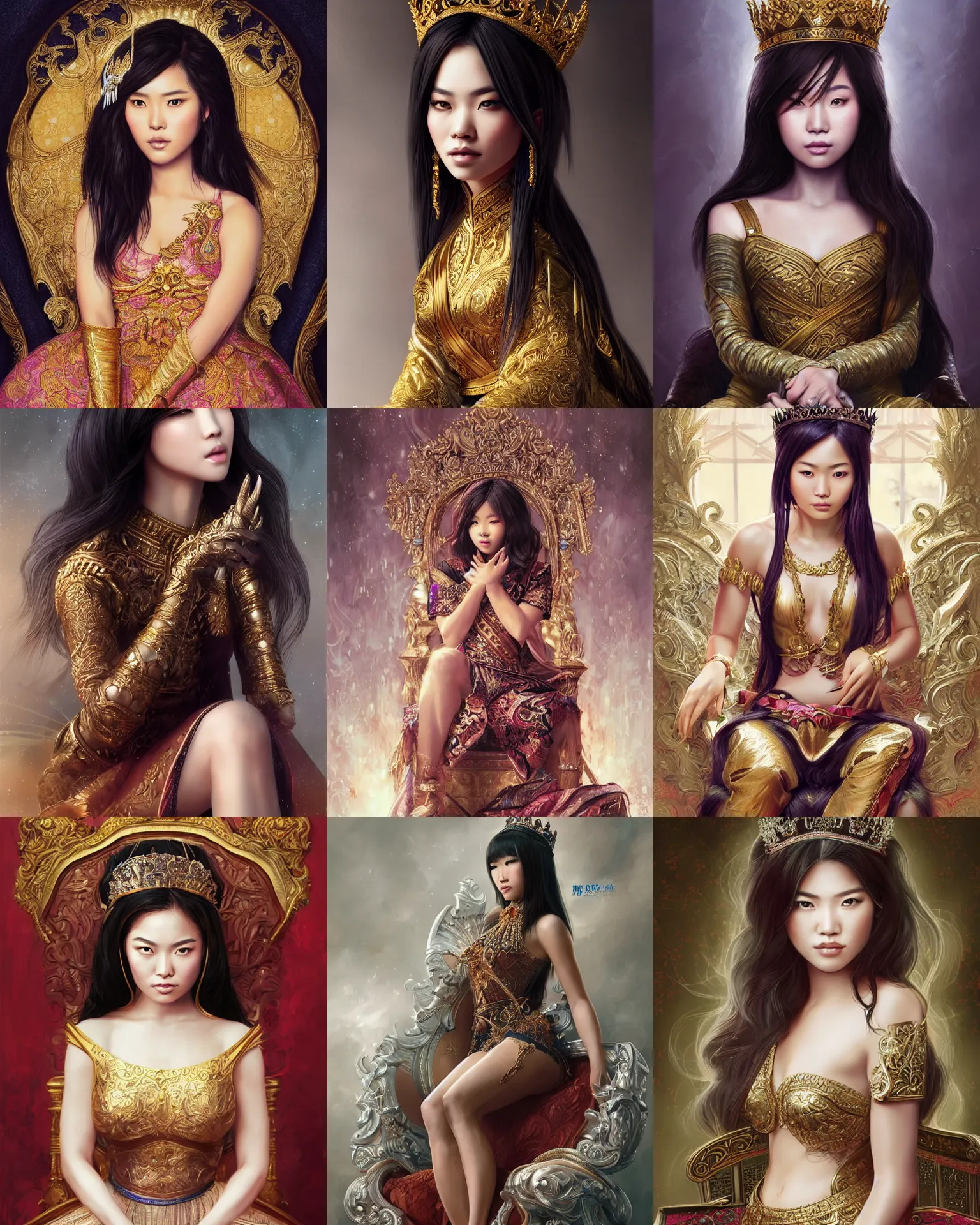 Prompt: portrait of a fierce beautiful young asian queen with medium length hair, sitting on her throne, highly detailed, intricate, elegant, hyperrealism, digital art by ross tran and artgerm and wlop