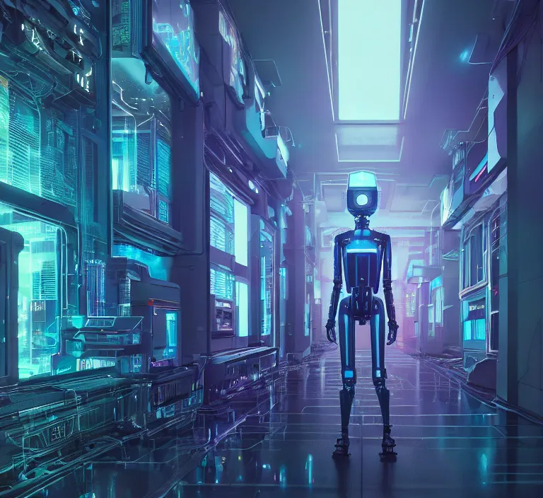 Image similar to hyperrealism stock photography of highly detailed stylish robot in cyberpunk sci - fi style by gragory crewdson and vincent di fate, mike winkelmann with many details by josan gonzalez working at the highly detailed data center by mike winkelmann and laurie greasley hyperrealism photo on dsmc 3 system rendered in blender and octane render