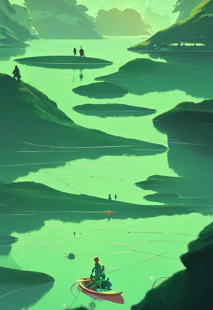 Image similar to by moebius and atey ghailan | a bright green river with clear crystal boats moving up and down it |