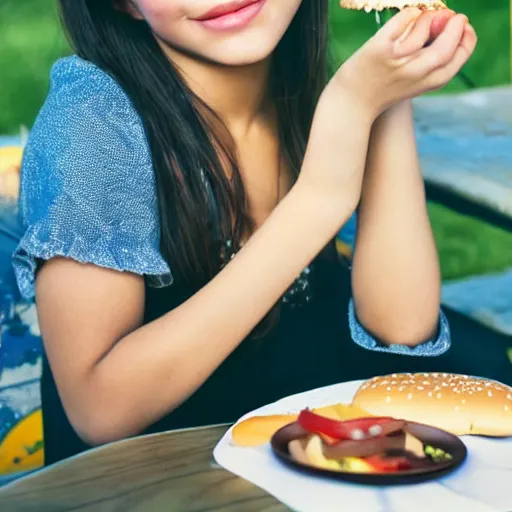 Prompt: beautiful girl eating a hamburger by the table