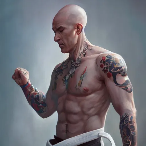 Image similar to A detailed matte oil on canvas painting of a white male martial artist monk, orchid arm tattoos by greg rutkowski and artgerm, trending on artstation, dungeons and dragons art