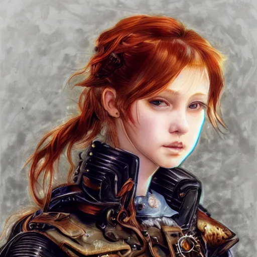 Image similar to portrait of a girl by ayami kojima, scottish, she is about 2 0 years old, wavy redhead, annoying little sister vibes, she is wearing a steampunk tactical gear, highly detailed portrait, digital painting, artstation, concept art, smooth, sharp foccus ilustration, artstation hq