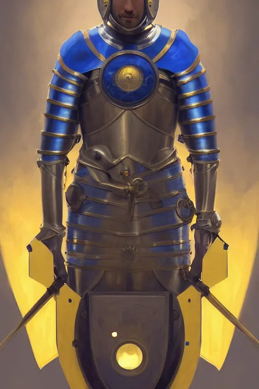 Prompt: medieval knight modern technology, blue and yellow flags, realistic portrait full body, symmetrical, highly detailed, digital painting, artstation, concept art, smooth, sharp focus, illustration, cinematic lighting, art by artgerm and greg rutkowski and alphonse mucha