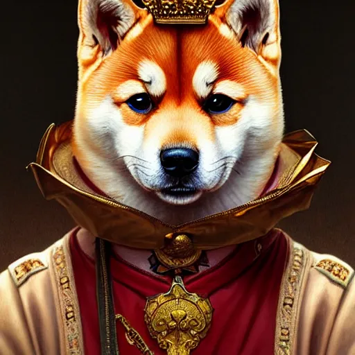 Prompt: portrait painting of a cute shiba inu king with crown, ultra realistic, concept art, intricate details, eerie, highly detailed, photorealistic, octane render, 8 k, unreal engine. art by artgerm and greg rutkowski and charlie bowater and magali villeneuve and alphonse mucha