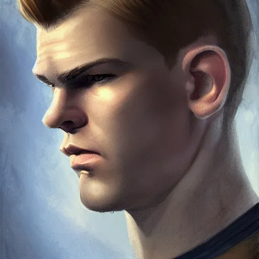 Prompt: tall chunky man in his twenties with brown blond short regular haircut and round facial structure with cleft chin, straight eyebrows, big grey blue eyes, small grinn, cheekbones, straight nose, wider face, shadow of beard, atmospheric lighting, painted, intricate, 4 k, highly detailed by charlie bowater