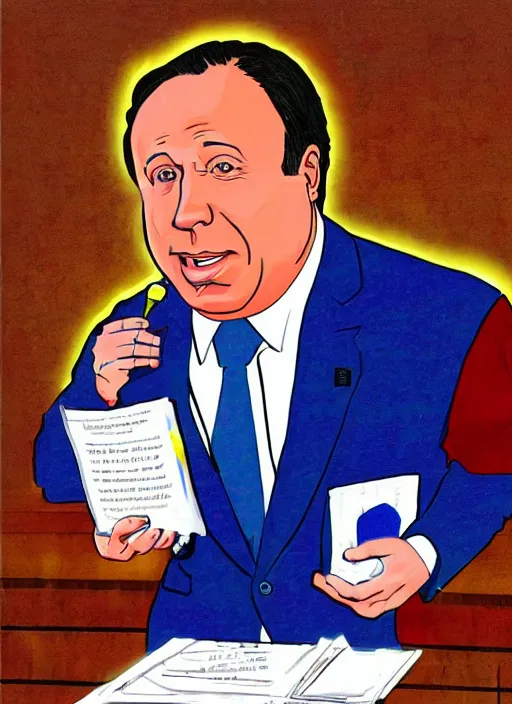 Prompt: old alex jones on the stand in court by lisa frank