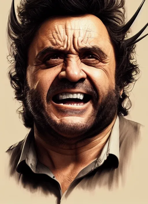 Image similar to danny devito as wolverine, realistic portrait, symmetrical, highly detailed, digital painting, artstation, concept art, smooth, sharp focus, illustration, cinematic lighting, art by artgerm and greg rutkowski and alphonse mucha