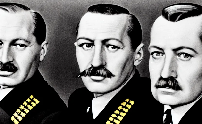 Image similar to 50s movie still close-up portrait of three individual elder soviet generals with very diverses faces in a stalinist style hall, by Irving Penn, Cinestill 800t 50mm black and white, heavy grainy picture, very detailed, high quality, 4k, HD criterion, precise texture, facial precision, diverse haircuts, diverse ages, each faces precisely define