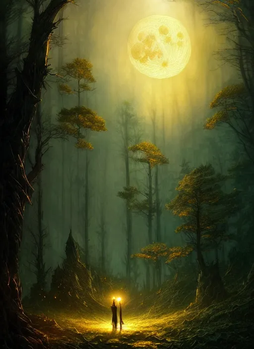 Image similar to fantasy book cover, full moon, fantasy forest landscape, golden elements, fantasy magic, no human, dark light night, intricate, elegant, sharp focus, illustration, highly detailed, digital painting, concept art, matte, art by WLOP and Artgerm and Greg Rutkowski and Albert Bierstadt, masterpiece