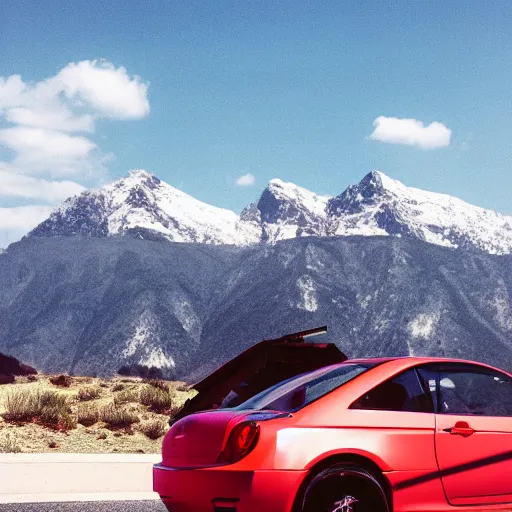 Image similar to modern minimalistic car, professional photography, vaporwave, mountains in the background