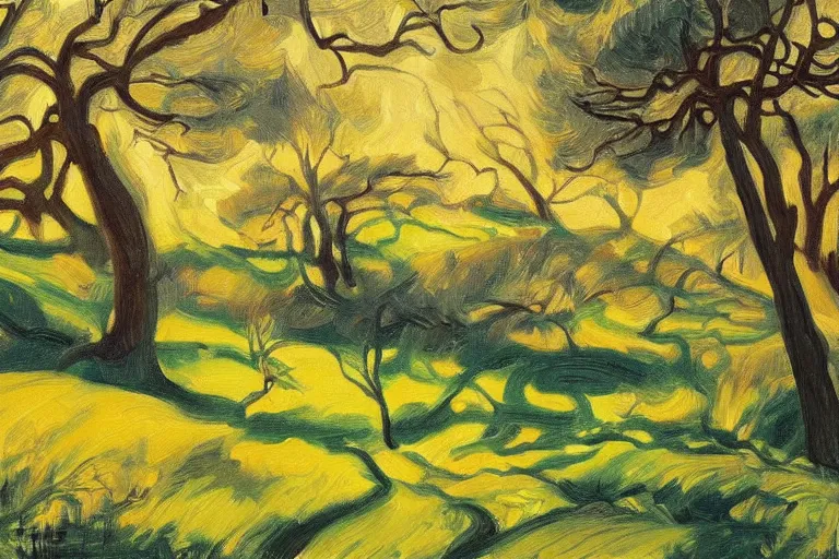 Image similar to masterpiece painting of oak trees on a hillside overlooking a creek, dramatic lighting, by giacomo balla