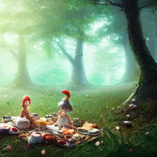 Prompt: a cute picnic in a mushroom forest. dramatic lighting, cgsociety masterpiece, artstation trending, greg rutkowski, 4k, digital art, concept art