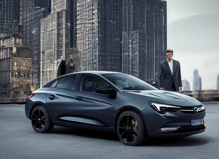 Prompt: batman standing next to 2 0 2 2 opel sedan, vehicle photography