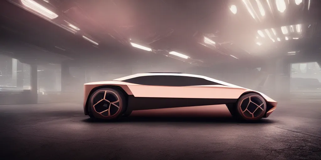 Prompt: a design of a futuristic vehicle, designed by Polestar, blade runner background, brushed rose gold car paint, black windows, dark show room, dramatic lighting, hyper realistic render, depth of field