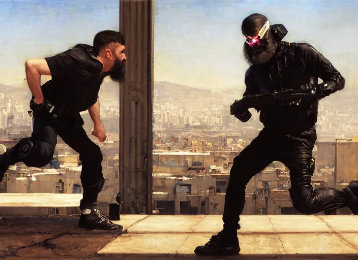 Prompt: Greg evades sgt Nash. Cyberpunk hacker in jumpsuit escaping menacing police troopers (blade runner 2049). bearded face. rooftop free running. Iranian orientalist portrait by john william waterhouse and Edwin Longsden Long and Theodore Ralli and Nasreddine Dinet, oil on canvas. Cinematic, hyper realism, realistic proportions, dramatic lighting, high detail 4k