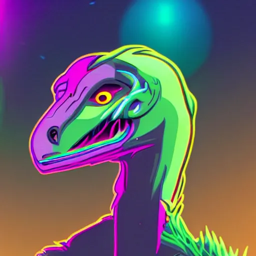 Prompt: velociraptor wearing headphone, synthwave style