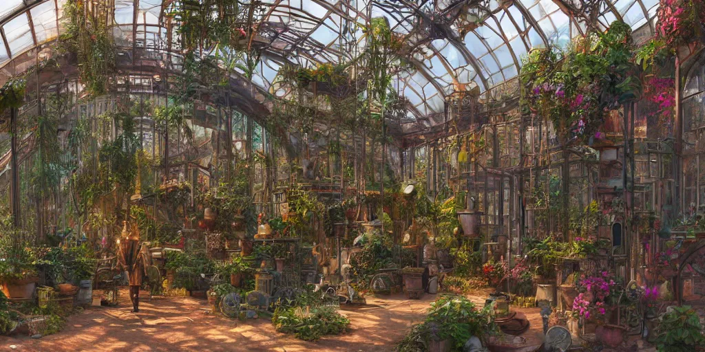 Image similar to steampunk greenhouse interior, colorful, 3 d scene, render, greg rutkowski, zabrocki, karlkka, jayison devadas, trending on artstation, 8 k, ultra wide angle, zenith view, pincushion lens effect