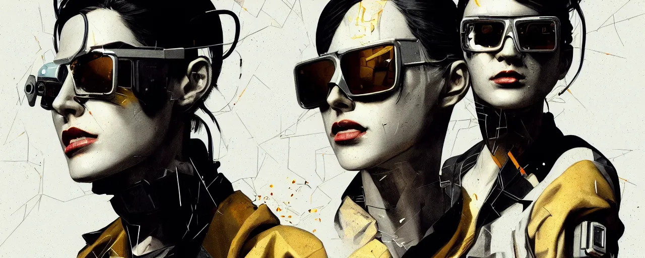 Prompt: duotone cyberpunk illustration 3 / 4 portrait of dark hair badass woman with silver sunglasses eyes, trinity matrix style, dark tech noir volumetric lighting. golden ratio accidental renaissance. by sachin teng and sergey kolesov and ruan jia and heng z. graffiti art, scifi, fantasy, hyper detailed. octane render. concept art. trending on artstation