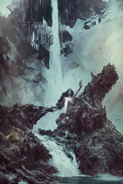Image similar to a full body portrait of a beautiful post apocalyptic offworld neoicelandic biofarmer swimming by the waterfalls, intricate, elegant, highly detailed, digital painting, artstation, concept art, smooth, sharp focus, illustration, art by krenz cushart and artem demura and alphonse mucha