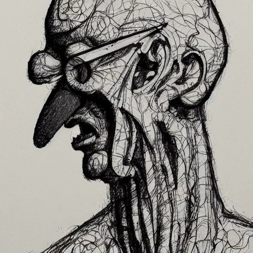 Prompt: a realistic yet scraggly portrait sketch of the side profile of a stern and sophisticated squidward tentacles, trending on artstation, intricate details, in the style of frank auerbach, in the style of sergio aragones, in the style of martin ansin, in the style of david aja, in the style of mattias adolfsson