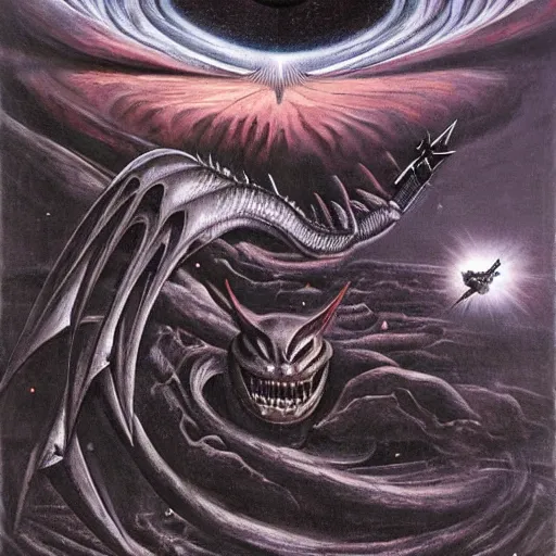 Image similar to painting by h. r. giger, menacing dragon soaring above the clouds, blackhole sun, dark undertones, exodus of the stars