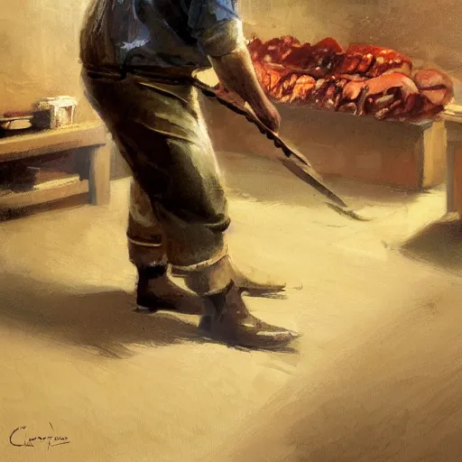 Image similar to low angle of the butcher's, closeup of a butcher working, artwork by craig mullins