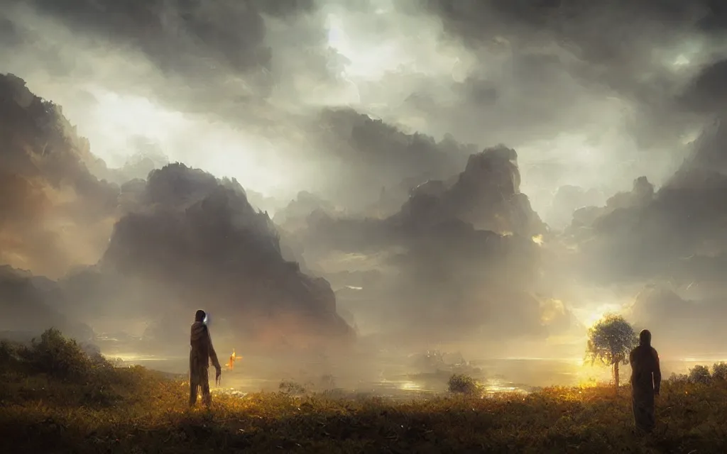 Prompt: ta ha, volumetric lighting, highly detailed, by greg rutkowski, complementing colors, god looking at me, heavy rainy, lofty heavens, holy man looking at ground