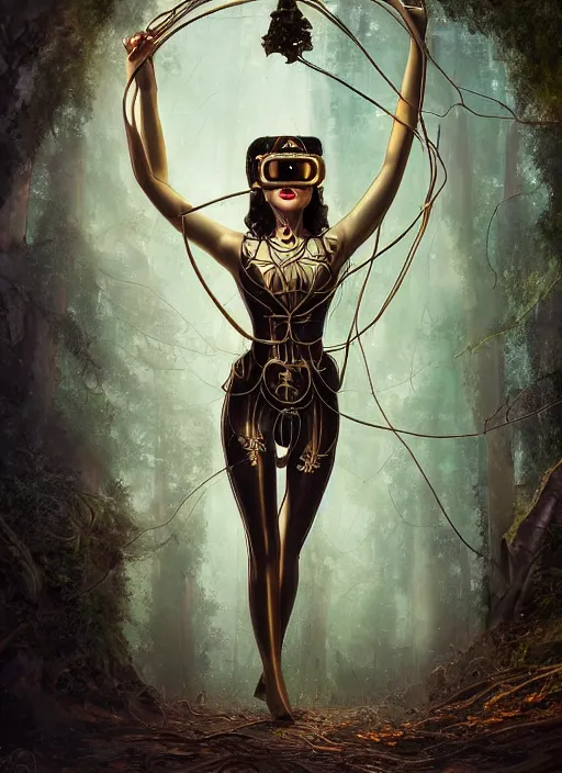 Prompt: painting of beautiful woman made of metal in the mystical forest, beautiful symmetrical face, vr glasses, renaissance style, wires and cords, golden steampunk, retro futurism, sci - fi, filigree jewellery, baroque, cinematic light, mystical shadows, 8 k