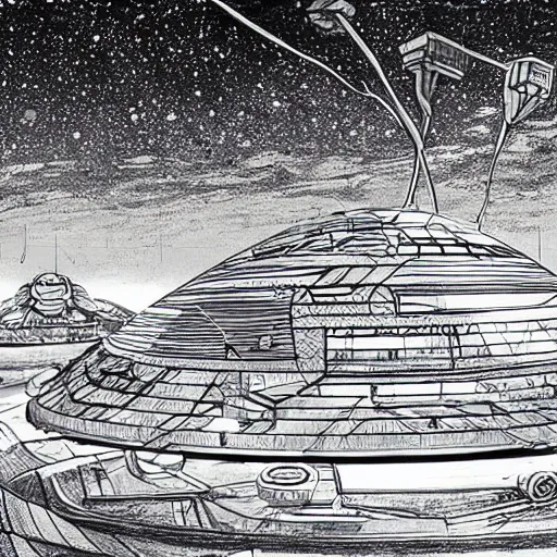 Prompt: a black pen sketch of a futuristic martian civilization, solarpunk