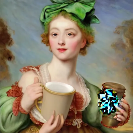 Image similar to heavenly summer sharp land sphere scallop well dressed lady holding a starbucks coffee cup, auslese, by peter paul rubens and eugene delacroix and karol bak, hyperrealism, digital illustration, fauvist, starbucks coffee cup green logo