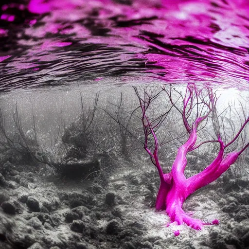 Image similar to roots underwater, award winning magenta and white photography, high contrast, high definition