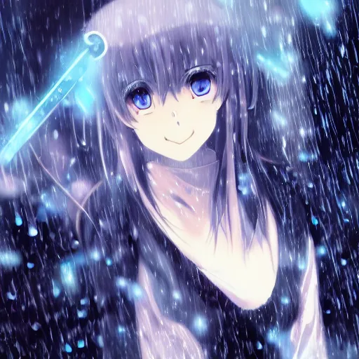 Image similar to key anime visual of a girl with glowing blue eyes; rain falling; close up shot; trending on Pixiv