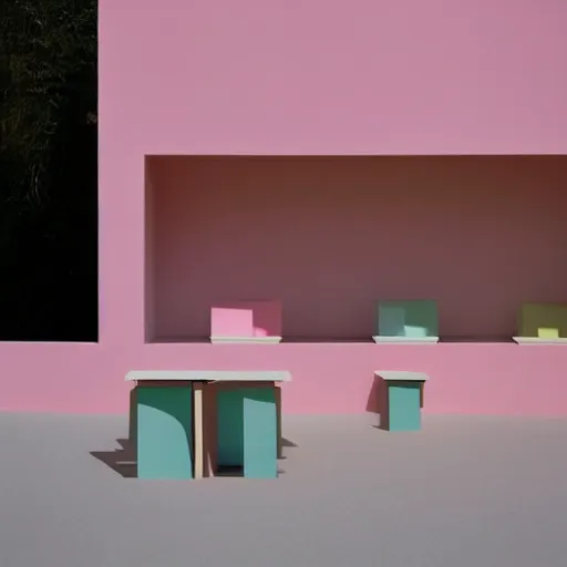 Image similar to An ultra high definition, professional photograph of an outdoor partial IKEA showroom inspired sculpture located on a pastel pink beach ((with pastel pink, dimpled sand where every item is pastel pink. )) The sun can be seen rising through a window in the showroom. The showroom unit is outdoors and the floor is made of dimpled sand. Morning time indirect lighting with on location production lighting on the showroom. In the style of wallpaper magazine, Wes Anderson.