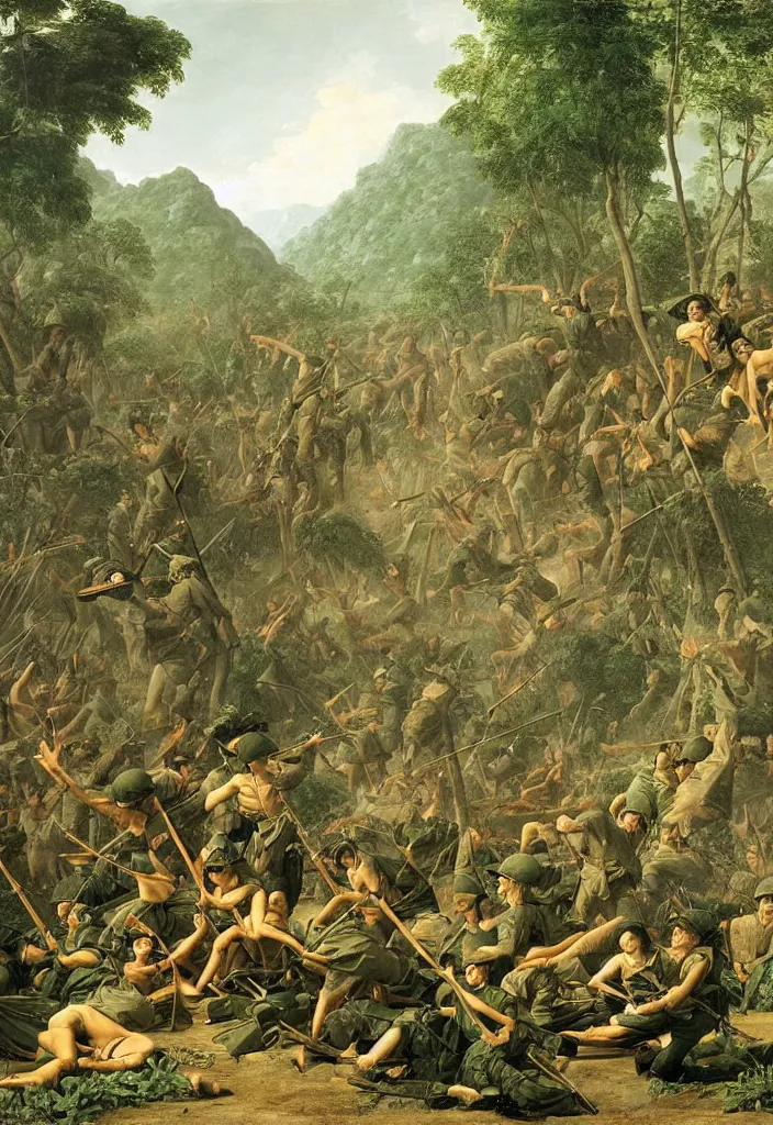 Image similar to vietnam war by jacques - louis david, green jungle, helicopters, battlefield