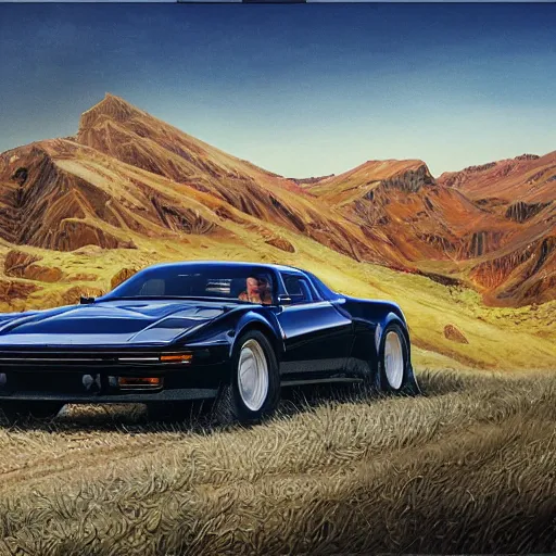 Prompt: full view of a classic supercar from 1980's with off-road tires, intricate, elegant, highly detailed, digital oil painting, concept art, smooth, sharp focus, art style from Greg Rutkowski and Bruce Kaiser and Scott Robertson and Dmitry Mazurkevich and Doruk Erdem and Jon Sibal